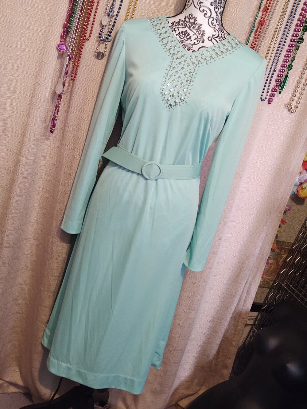 Vintage Mint Green Long Sleeve Midi Dress